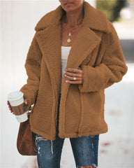Women Pocket Zipper Plush Coat