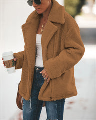 Women Pocket Zipper Plush Coat