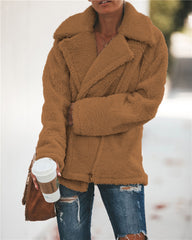 Women Pocket Zipper Plush Coat