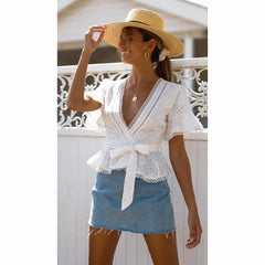 Vintage V-neck Hollow-out Lace Blouses Crop Tops