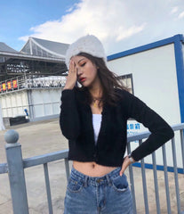 V-neck Single-breasted Knit Moon Shape Crop Tops Cardigans