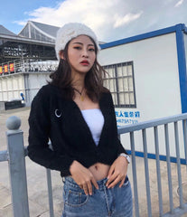 V-neck Single-breasted Knit Moon Shape Crop Tops Cardigans