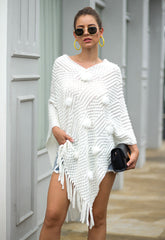 Tassel Fringed Pullover V-neck Collar Pompom Sweater Cloak Shawl Cape