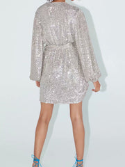 V-neck Sequins Puff Sleeve Lace-up Mini Dresses