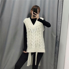 V-neck Knit Lacing Hollow-out Sweaters