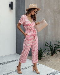 Stripe Print Tie Waisted Pocket Jumpsuit