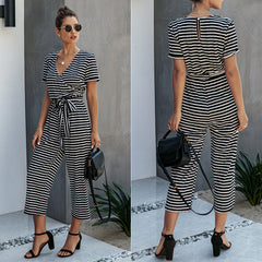 Stripe Print Tie Waisted Pocket Jumpsuit