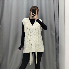 V-neck Knit Lacing Hollow-out Sweaters