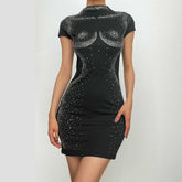 Short sleeve crewneck beaded high neck solid mini dress