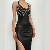 Metal chain halter self tie backless slit midi dress
