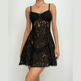 Backless v neck lace see through zip-up solid mini dress