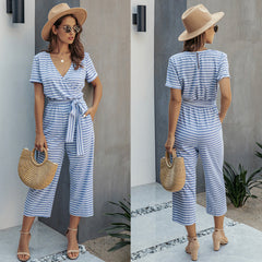 Stripe Print Tie Waisted Pocket Jumpsuit
