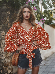 V-neck Printed Floral Tops Lotus Sleeve Polka Dot T-shirt