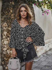 V-neck Printed Floral Tops Lotus Sleeve Polka Dot T-shirt