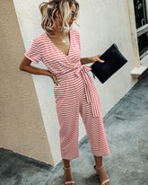 Stripe Print Tie Waisted Pocket Jumpsuit