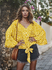 V-neck Printed Floral Tops Lotus Sleeve Polka Dot T-shirt
