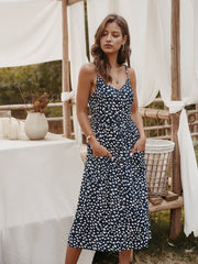 V-neck Suspenders Single-breasted Printed Maxi Dress