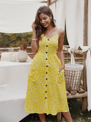 V-neck Suspenders Single-breasted Printed Maxi Dress