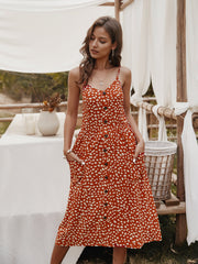 V-neck Suspenders Single-breasted Printed Maxi Dress