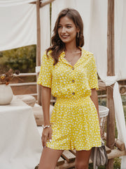 V-neck Single-breasted Printed Jumpsuit Short Sleeve Rompers