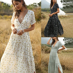 V-neck Floral Ruffles Split Leg Side Maxi Dresses