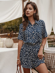 V-neck Single-breasted Printed Jumpsuit Short Sleeve Rompers