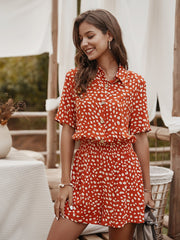 V-neck Single-breasted Printed Jumpsuit Short Sleeve Rompers