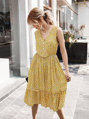 V-neck Button Floral Midi Maxi Dresses