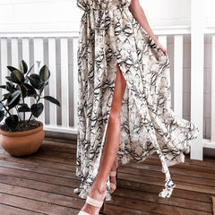 Snakeskin Grain Printed Halter Elastic Waist Split Maxi Dresses