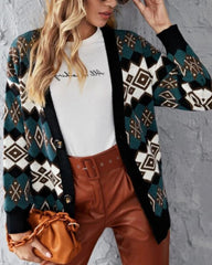 V-neck Plaid Argyle Pattern Knit Cardigan Sweater Outerwear