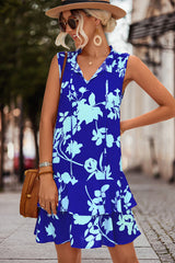 V Neck Floral Print Sleeveless Mini Dress