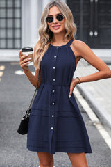Halter Neck Solid Button Up Split Casual Dress