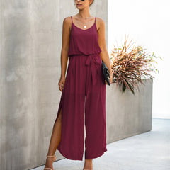 V-neck Suspender Irregular Wide Leg Side Jumpsuit