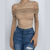 Sheer mesh see through off shoulder ruched long sleeve top