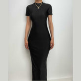 Short sleeve high neck slit solid maxi dress