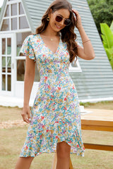 Fashion V Neck Floral Print Ruffle Hem Mini Dress