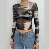 Sheer mesh see through ruffle long sleeve tie dye crop top
