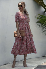 V-neck Belt Polka Dot Floral Maxi Dresses
