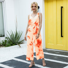 Tie Dye Single-breasted Drawstring Jumpsuit V-neck Printed Rompers