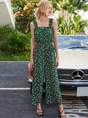 Suspenders Floral Lace-up Jumpsuit Wide Leg Pants Elastic Waist