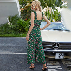 Suspenders Floral Lace-up Jumpsuit Wide Leg Pants Elastic Waist