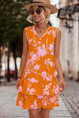 V Neck Floral Print Sleeveless Mini Dress
