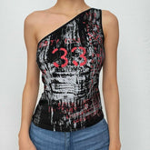 One shoulder sleeveless contrast print irregular top
