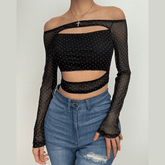 Beaded mesh off shoulder hollow out long sleeve crop cut out top