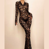 Lace see through long sleeve v neck solid maxi dress