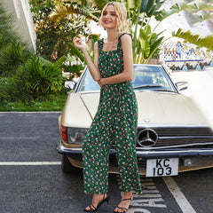Suspenders Floral Lace-up Jumpsuit Wide Leg Pants Elastic Waist
