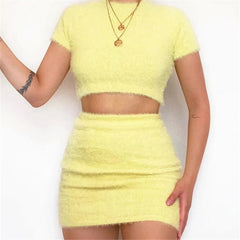 Yellow Crop Tops Knitting Mini Dresses Skirt Two-piece Set