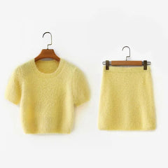 Yellow Crop Tops Knitting Mini Dresses Skirt Two-piece Set