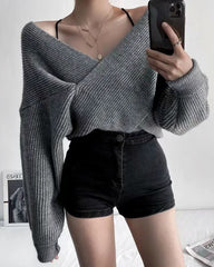 Vintage V-neck Batwing Sleeve Cross Design Knit Sweaters