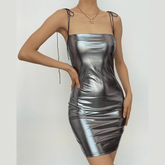 Sleeveless solid PU leather self tie backless mini dress